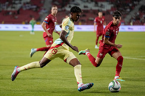 2024-25 Nations League Football Serbia vs Spain: Spain's Lamine Yamal challenges for the ball with Serbia's Veljko Birmancevic 